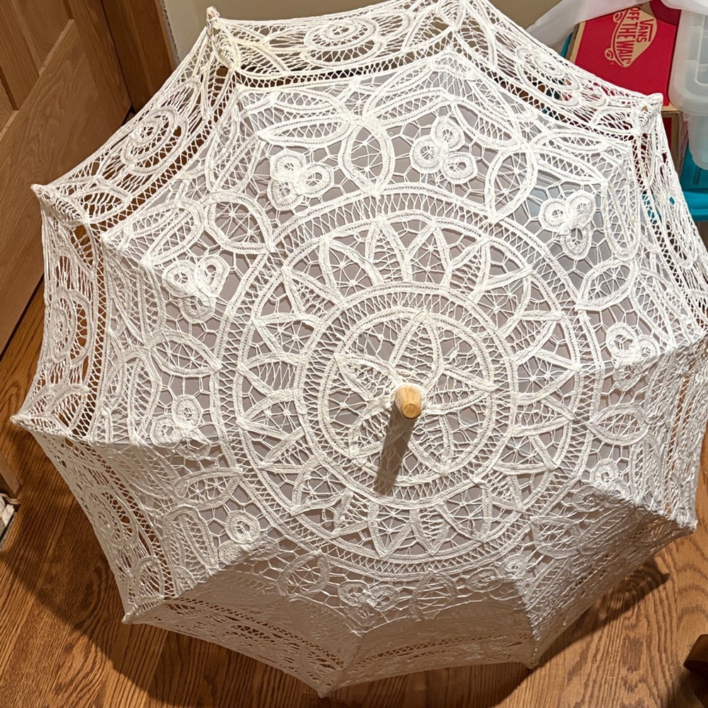 White Battenberg Lace Parasol with Wooden Handle
